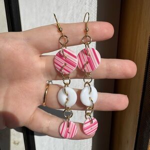 Handmade 2000s inspired pink and white striped button earrings